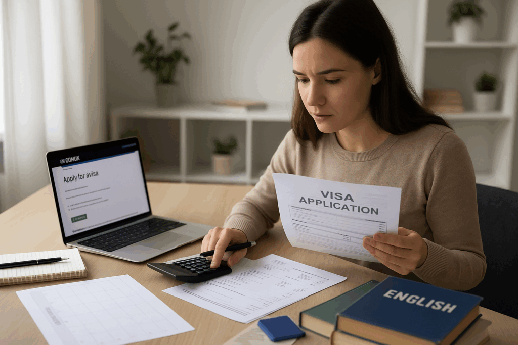 Focused woman calculating UK teaching visa costs.