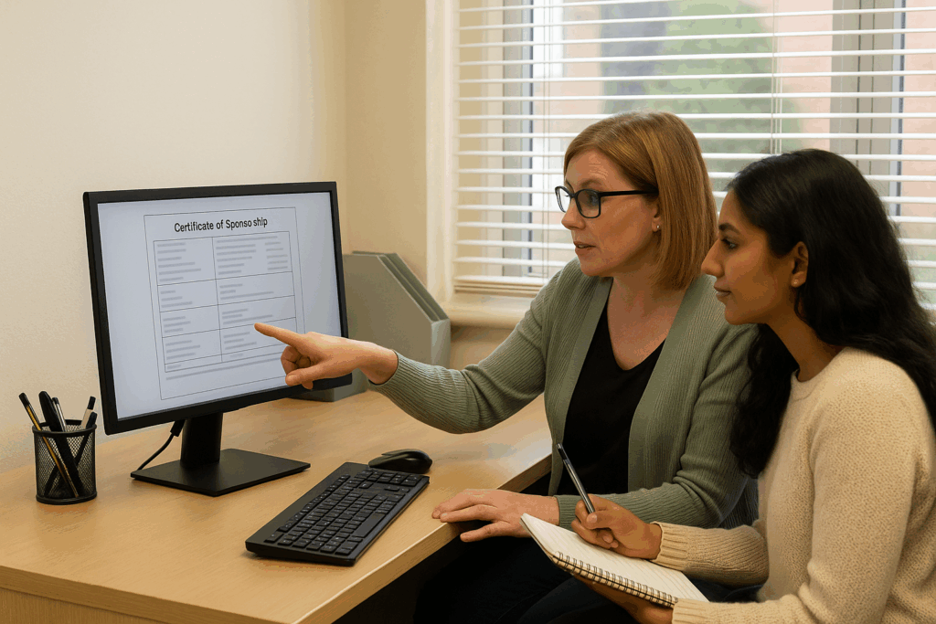 HR staff explaining digital certificate to teacher.